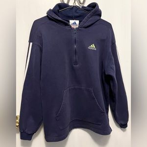 COPY - Vintage Navy Adidas 1/4 zip Hoodie with lime green logo. Split hem. Sz XL